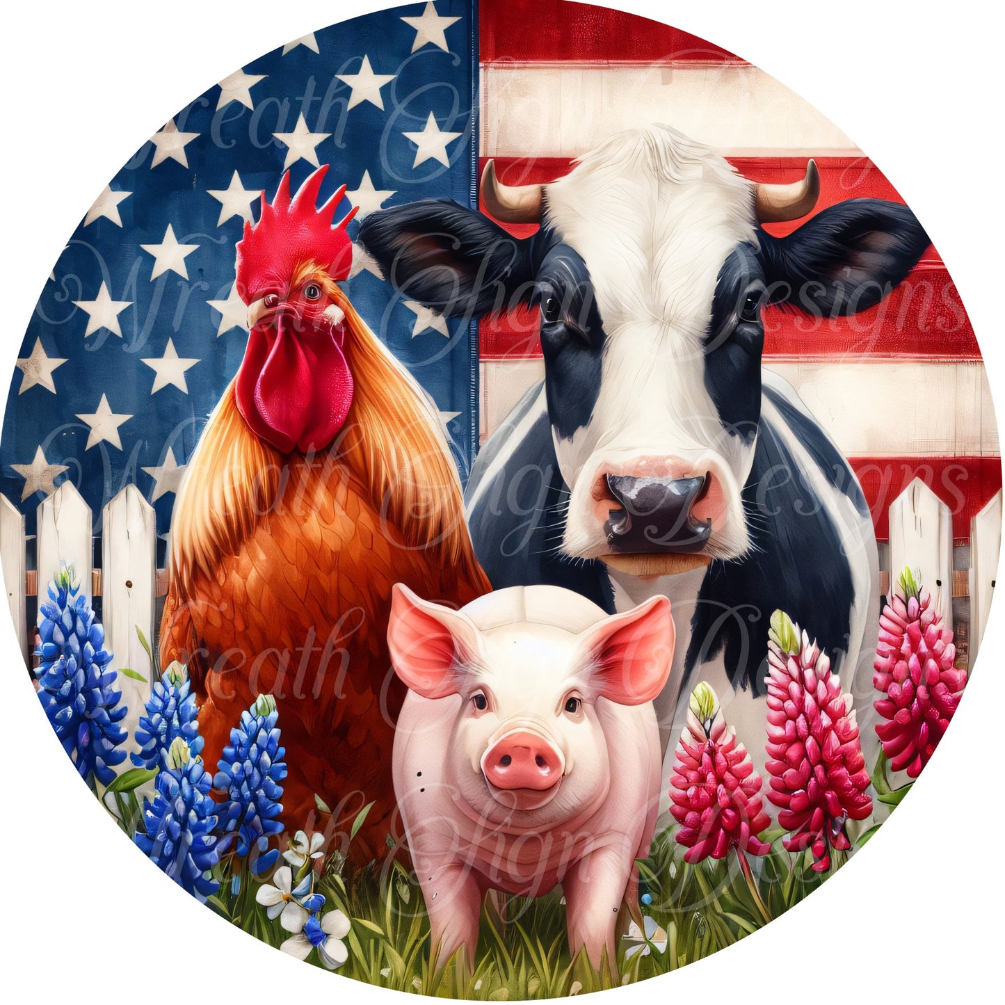 Patriotic Farmhouse, Pig, chicken cow,freedom, patriotic, July 4, independence, liberty metal wreath sign, Round sign, attachment, cente