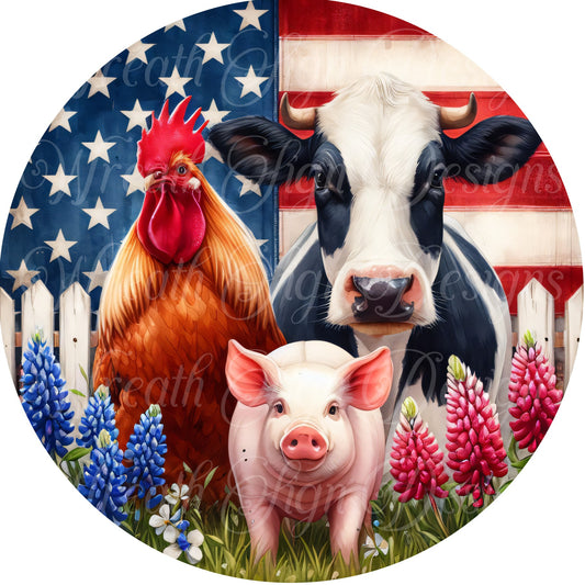 Patriotic Farmhouse, Pig, chicken cow,freedom, patriotic, July 4, independence, liberty metal wreath sign, Round sign, attachment, cente