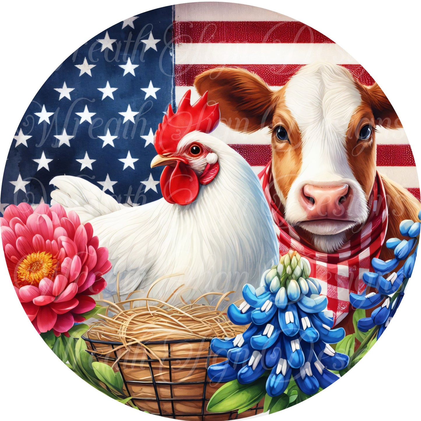 Patriotic Farmhouse, chicken cow, freedom, patriotic, July 4, independence, liberty metal wreath sign, Round sign, attachment, cente