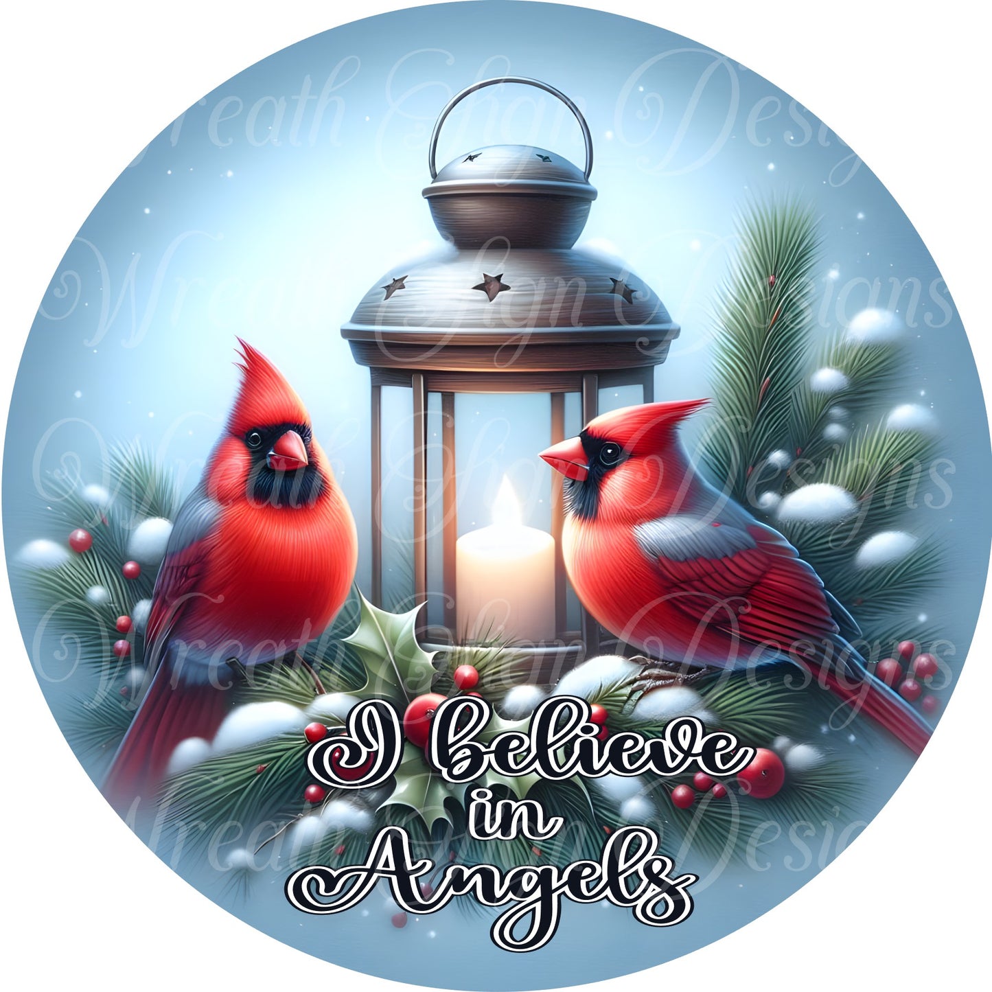 round metal wreath sign, Christmas cardinal wreath center, I believe in Angels, Cardinal decor, Memorial decor