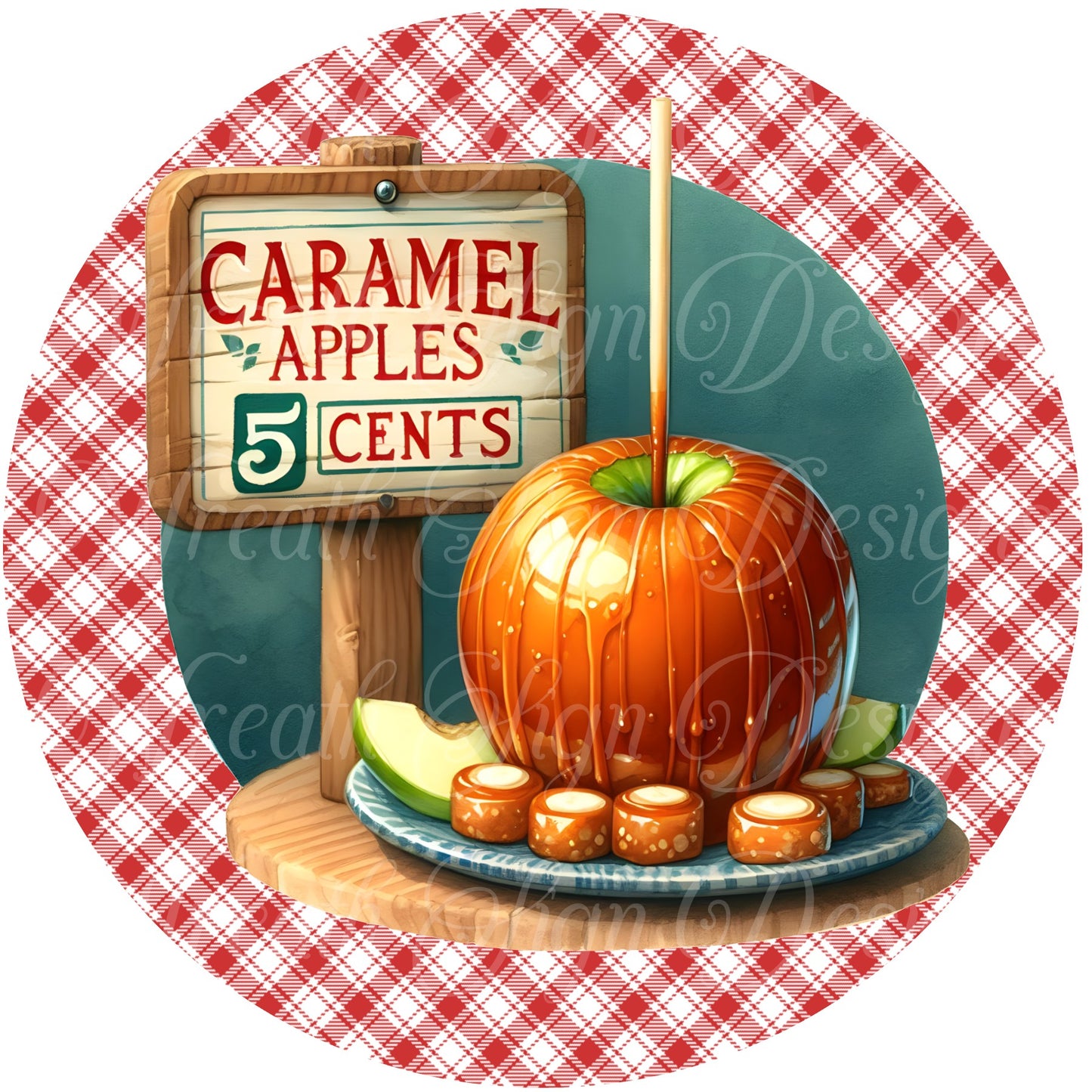 caramel Apples 5 cents sign,  Apples Autumn harvest metal sign, round wreath center, wreath attachment