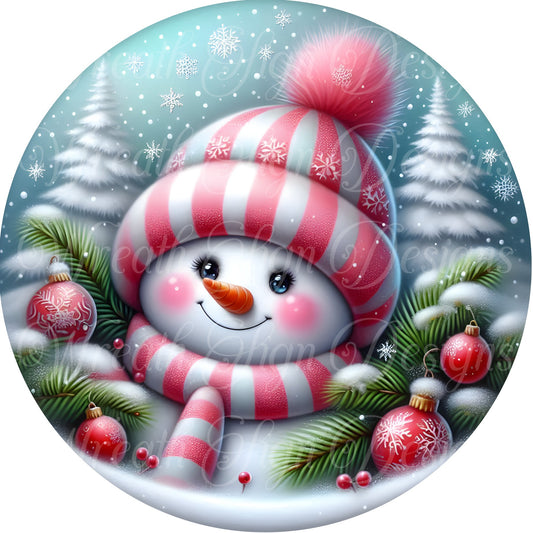 Pink Christmas snowman sign winter sign, Pink Christmas, Wreath Sign, Wreath Center, Wreath Attachment, round metal sign