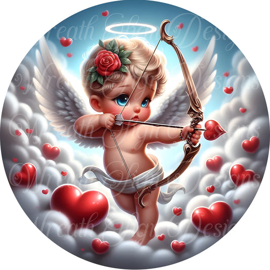 Valentine's Day Cherub in the clouds wreath sign, Wreath center, Wreath attachment, Cupid Love sign