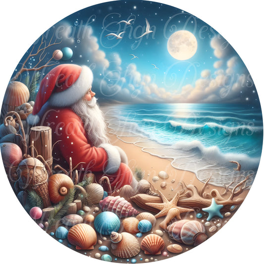 Santa Coastal Beach Christmas, round metal sublimated sign, St, Nick,  Kris Kringle, Christmas sign, Wreath center, wreath attachment