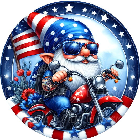 Born To Ride Biker Gnome Round metal wreath sign, Father's Day Sign. Wreath center, attachment, plaque, Freedome, Patriotic, Americana