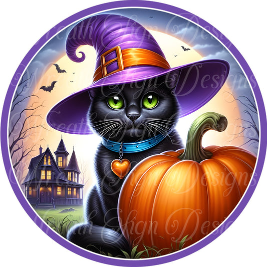 Happy Halloween black witch cat round metal sign, Halloween cat wreath sign, black and purple wreath center, wreath attachment