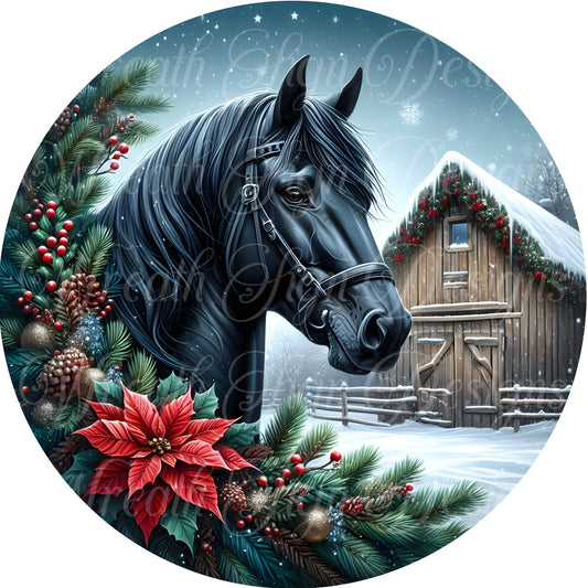 Merry Christmas Horse Wreath sign, Round metal sublimated sign