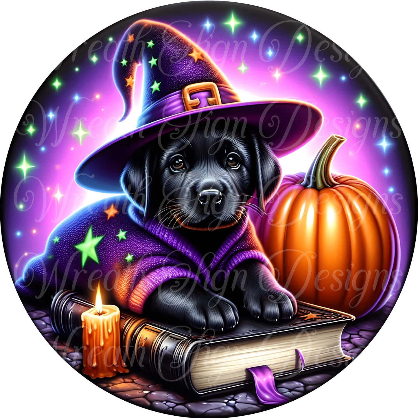 Whimsical Halloween Dog, trick-or-treat Black lab dressed as witch,  pumpkin round metal wreath sign, wreath center wreath attachment