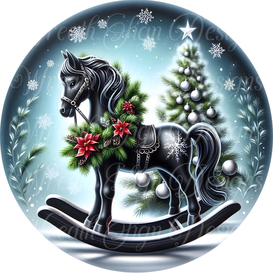 Christmas Wreath sign, Black rocking horse,  Christmas horse sign, Christmas tree, round metal wreath sign, Wreath attachment