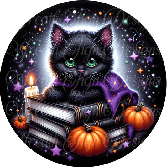 Black cat round metal sign, Halloween cat wreath sign, black and purple wreath center, wreath attachment