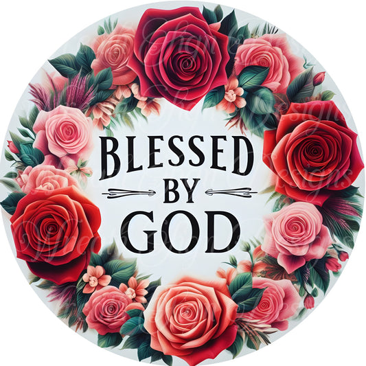 Round metal wreath sign, Blessed by God, religious rose wreath sign, center, attachment