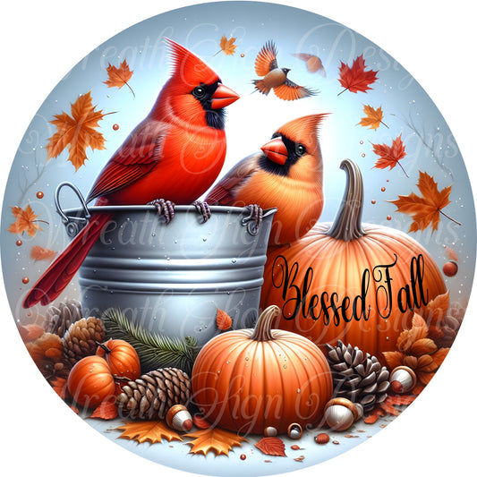 Blessed Fall wreath sign, Cardinals and pumpkins, Autumn harvest metal sign, round wreath center, wreath attachment