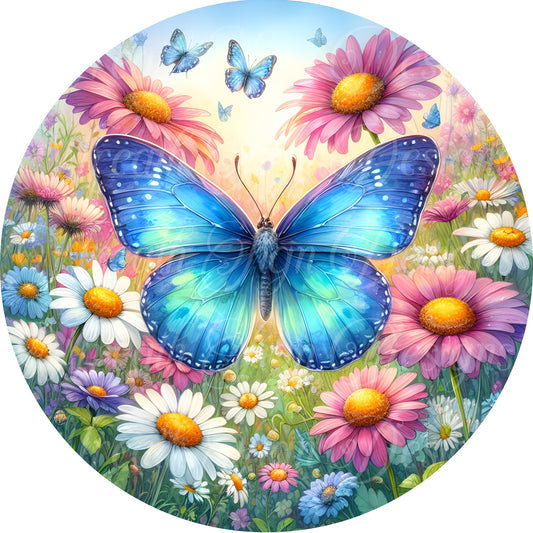 Blue Butterfly wreath sign, Springtime flowers, Hello Spring wreath sign,  wreath center, attachment, plaque