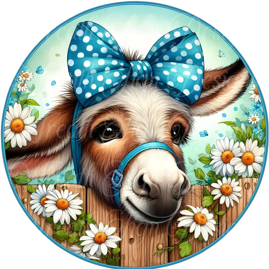 Daisy the donkey round metal wreath sign, Donkey and Daisies wreath center, wreath attachment, Welcome sign