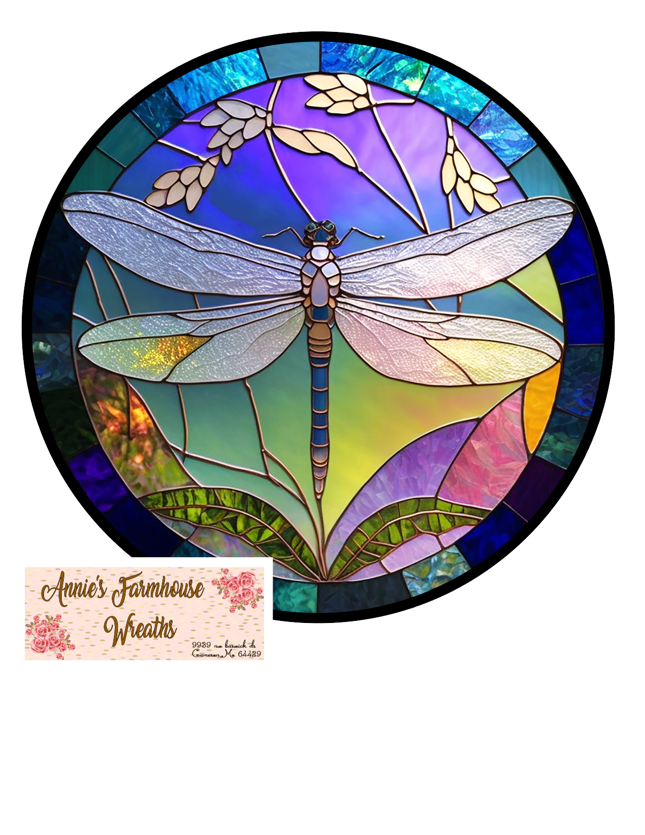 Faux Stained glass dragonfly sign, springtime  dragonfly wreath sign Metal sign, summer,  Round sign, Wreath attachment, Wreath center