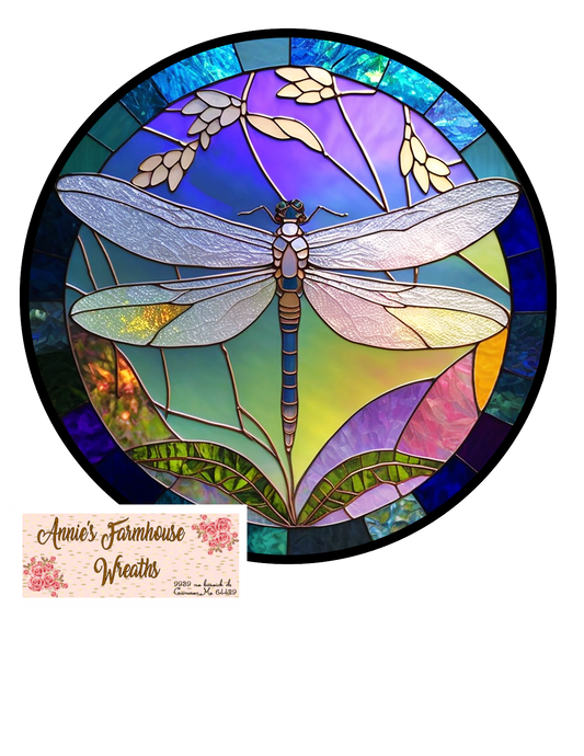 Faux Stained glass dragonfly sign, springtime  dragonfly wreath sign Metal sign, summer,  Round sign, Wreath attachment, Wreath center