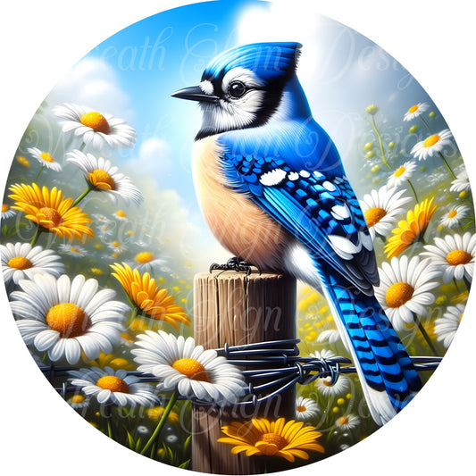 bluejay blue bird wreath sign, blue bird and daisies, Wreath center, wreath attachment, wreath plaque, bird sign, round metal sign,