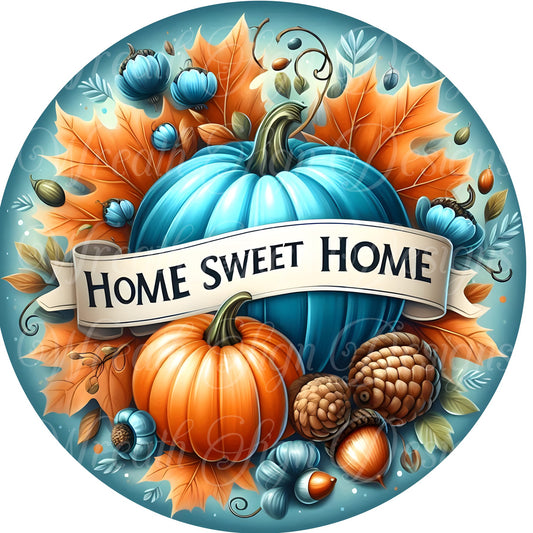 Home Sweet Home, blue pumpkin fall metal wreath sign, Autumn pumpkin wreath center, Fall sign, Wreath center, wreath attachment