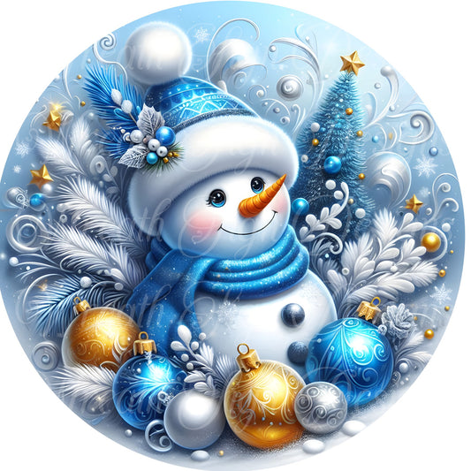 winter snowman, round metal wreath sign, blue and black romantic snowman, poinsettias