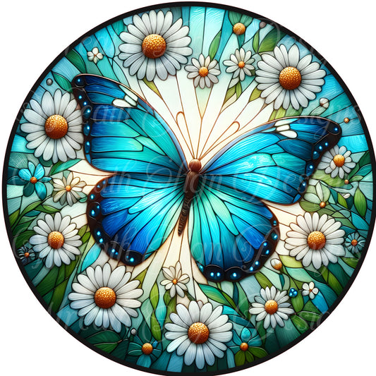 Faux Stained glass Butterfly sign, springtime blue butterfly wreath sign Metal sign, summer,  Round sign, Wreath attachment, Wreath center