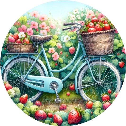 Blue Bike in a strawberry patch wreath sign