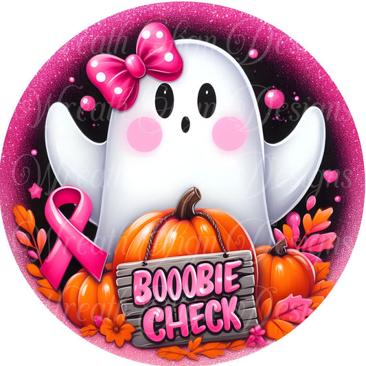 Boobie check, Halloween Ghost and pumpkins wreath sign, breast cancer awareness ribbon, , Wreath sign, Wreath center, attachment plaque