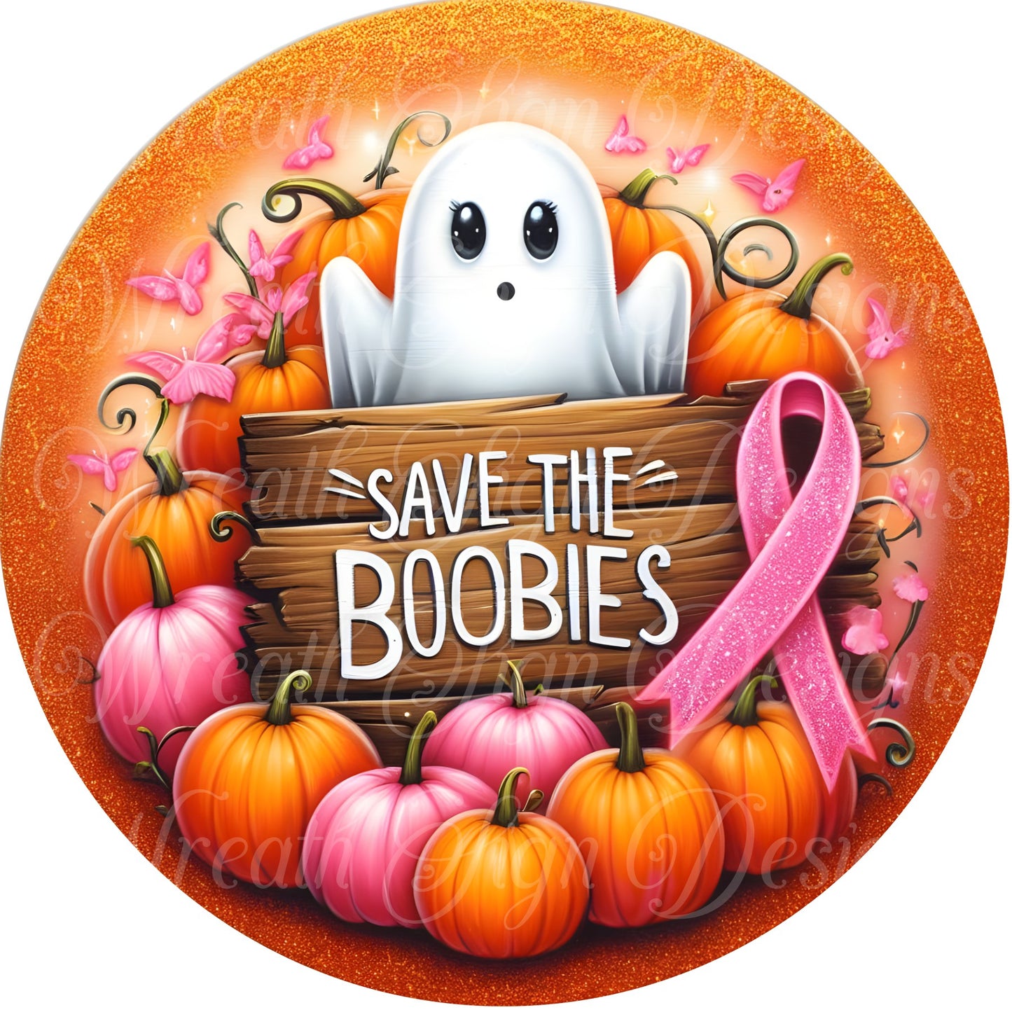 Save the Boobies, Halloween Ghost and pumpkins wreath sign, breast cancer awareness ribbon, , Wreath sign, Wreath center, attachment plaque