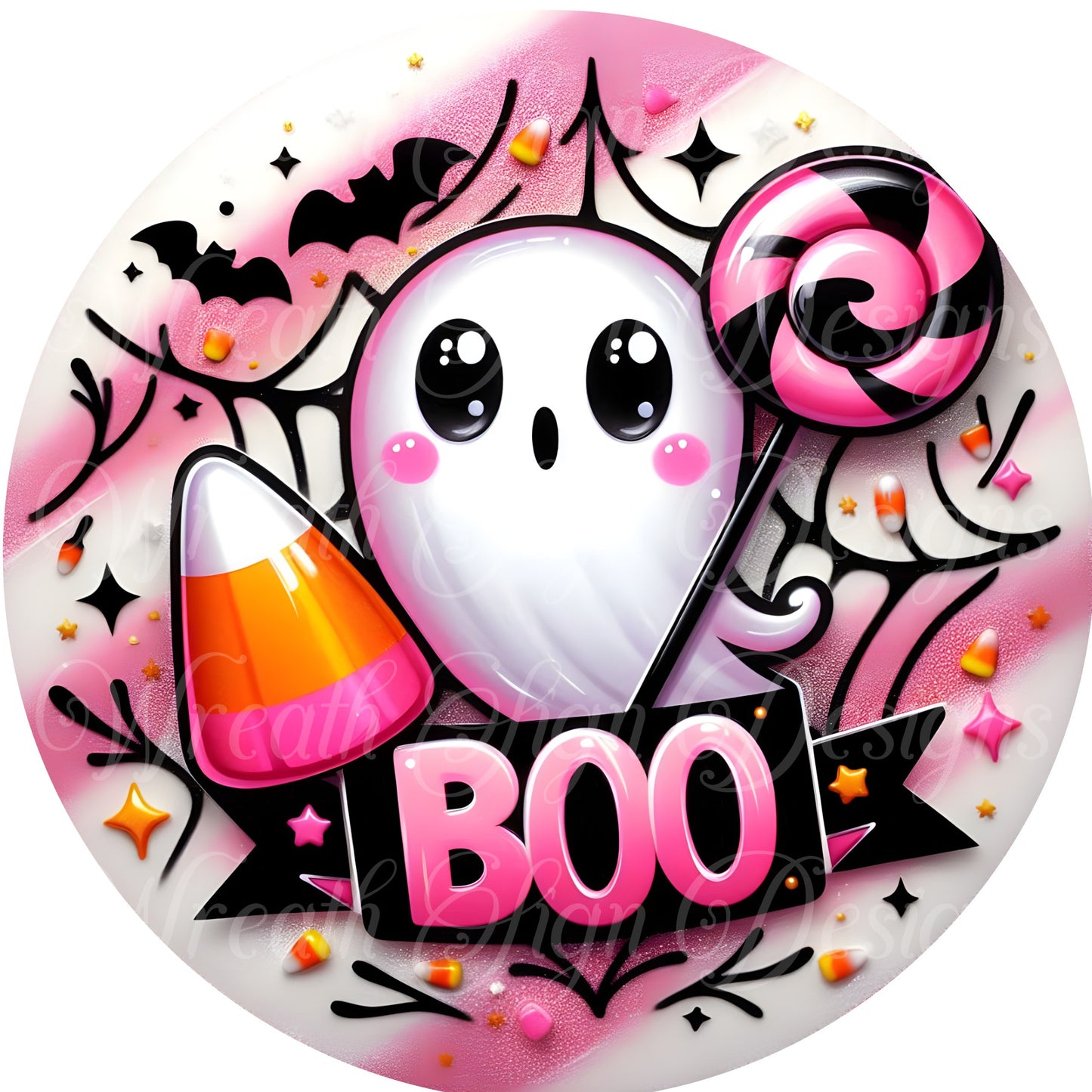 Boo ghost sign, Candy Corn Halloween sign, fall, spooky metal wreath sign, Round sign,  attachment Wreath center,black and pink ghost decor
