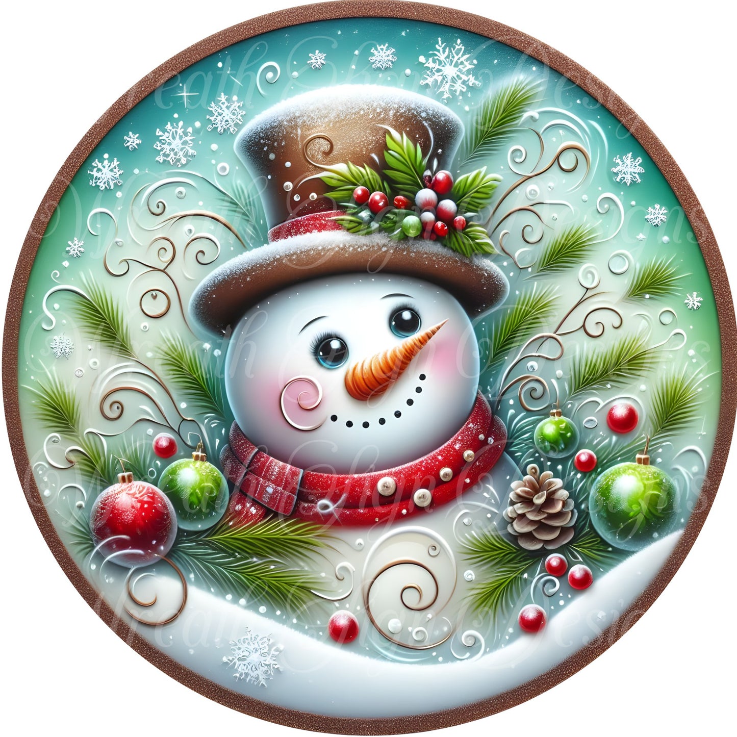 Brown Snowman Christmas round metal sign, Snowman, snowflakes, winter wonderland wreath sign, wreath center, attachment
