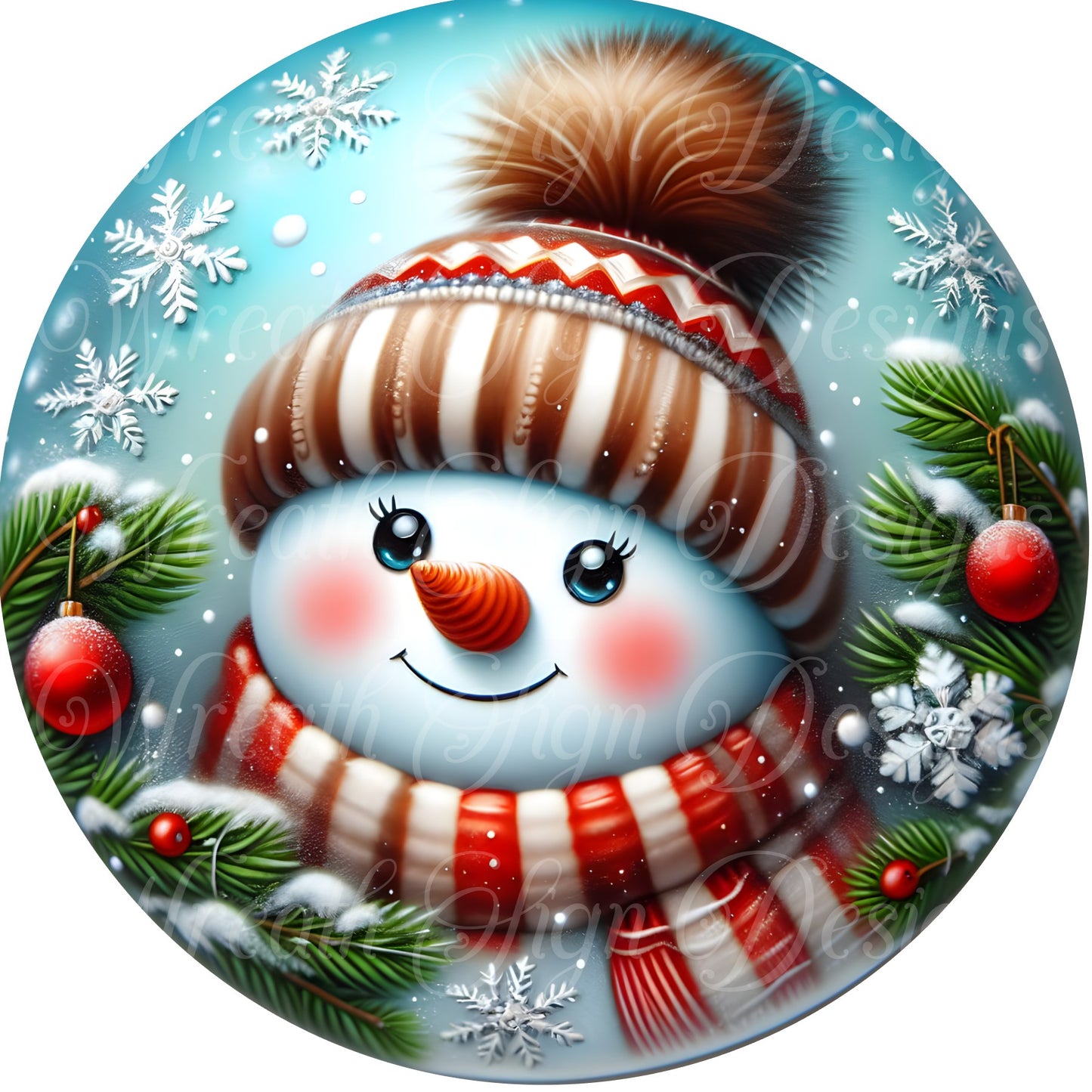 Brown Snowman Christmas round metal sign, Snowman, snowflakes, winter wonderland wreath sign, wreath center, attachment