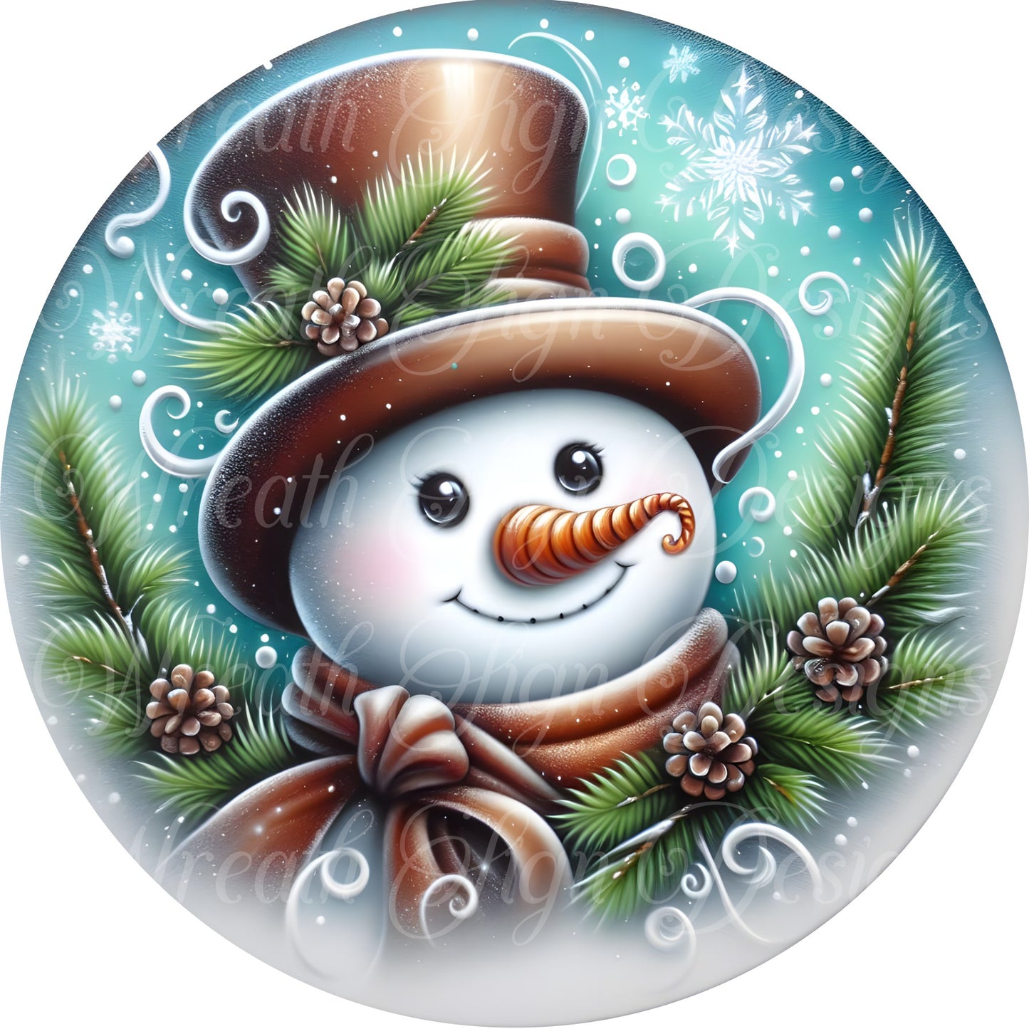 Brown Snowman Christmas round metal sign, Snowman, snowflakes, winter wonderland wreath sign, wreath center, attachment