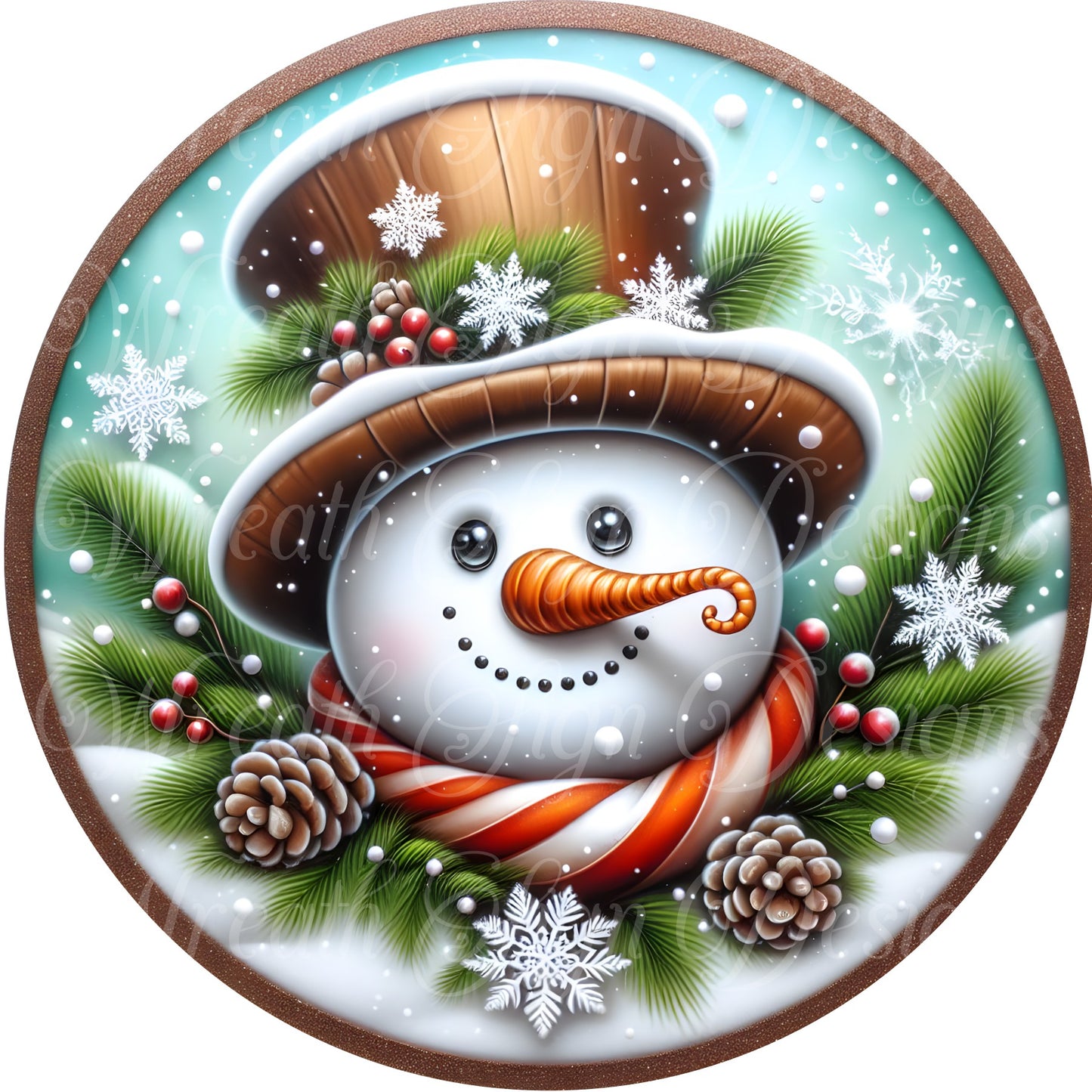 Brown Snowman Christmas round metal sign, Snowman, snowflakes, winter wonderland wreath sign, wreath center, attachment