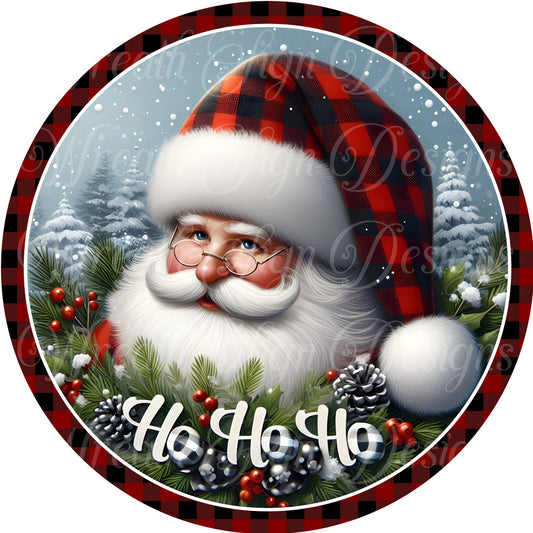 Santa Claus round metal sign, Christmas Wreath sign, Holiday sign, wreath center, wreath attachment, winter scene, buffalo check
