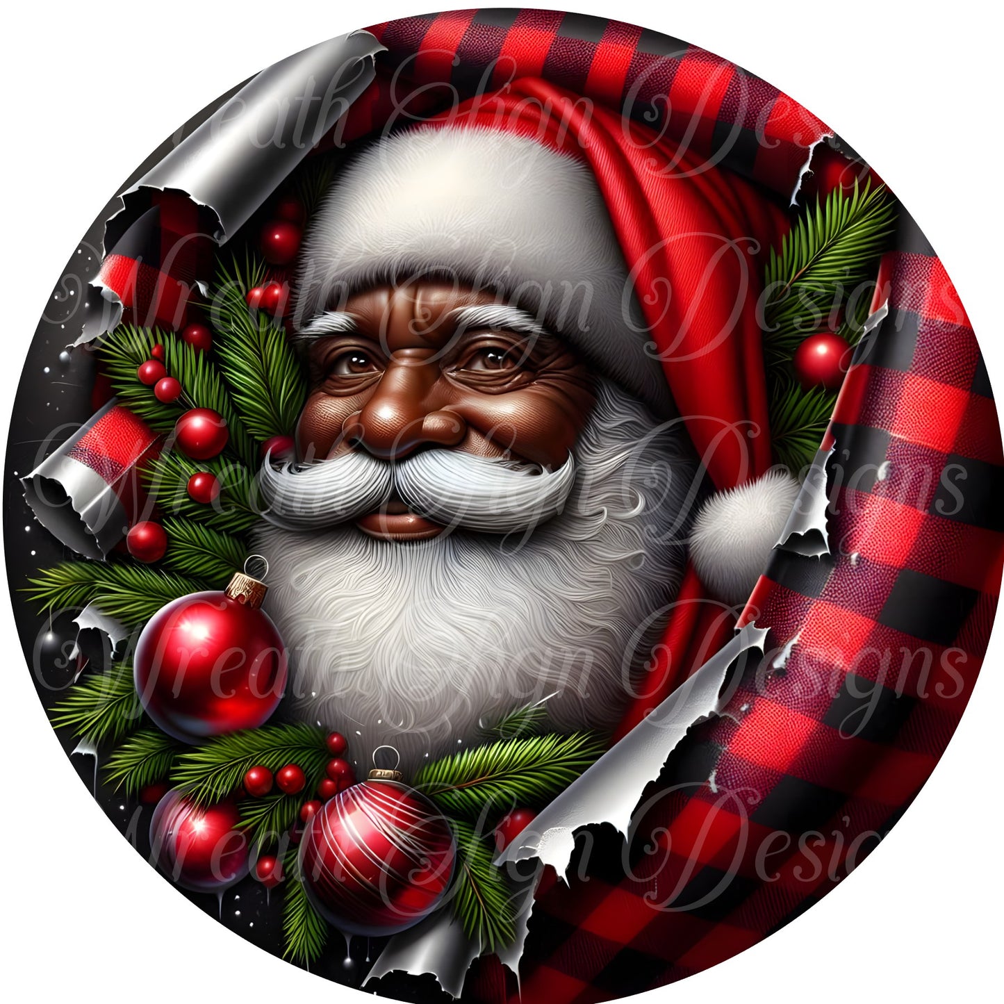 African American, Melanin, black Santa, Kris Kringle, sublimation metal Christmas wreath sign, buffalo check christmas wreath center