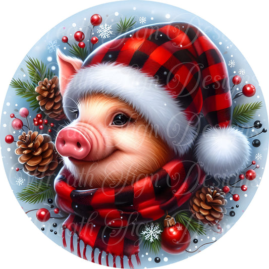 Santa Claus  pig round metal sign, Christmas sign, Winter wreath sign, wreath center, wreath attachment, Holiday Sign, buffalo check