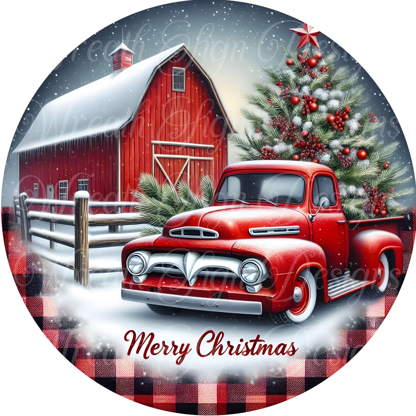 round metal wreath sign, old rustic red truck at the Christmas Tree farm, red truck, farmhouse Christmas