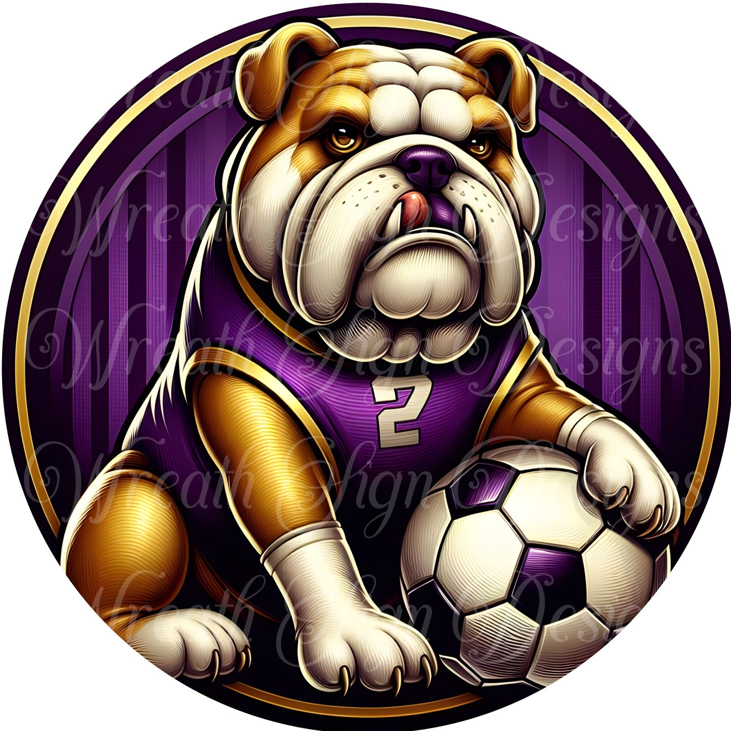 Purple and Gold Bulldog mascot wreath sign