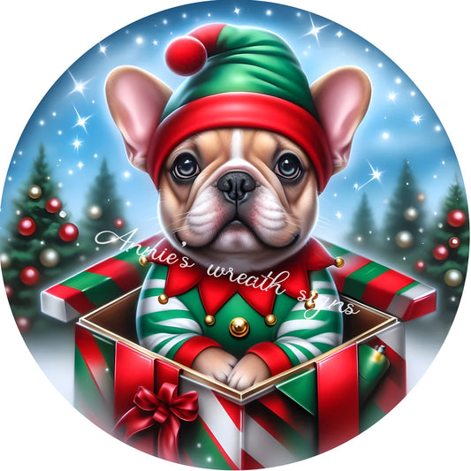 Puppy Elf sign, Dog Christmas sign, bulldog sign, round metal sign, Christmas sign, Winter wreath sign, wreath center, wreath attachment