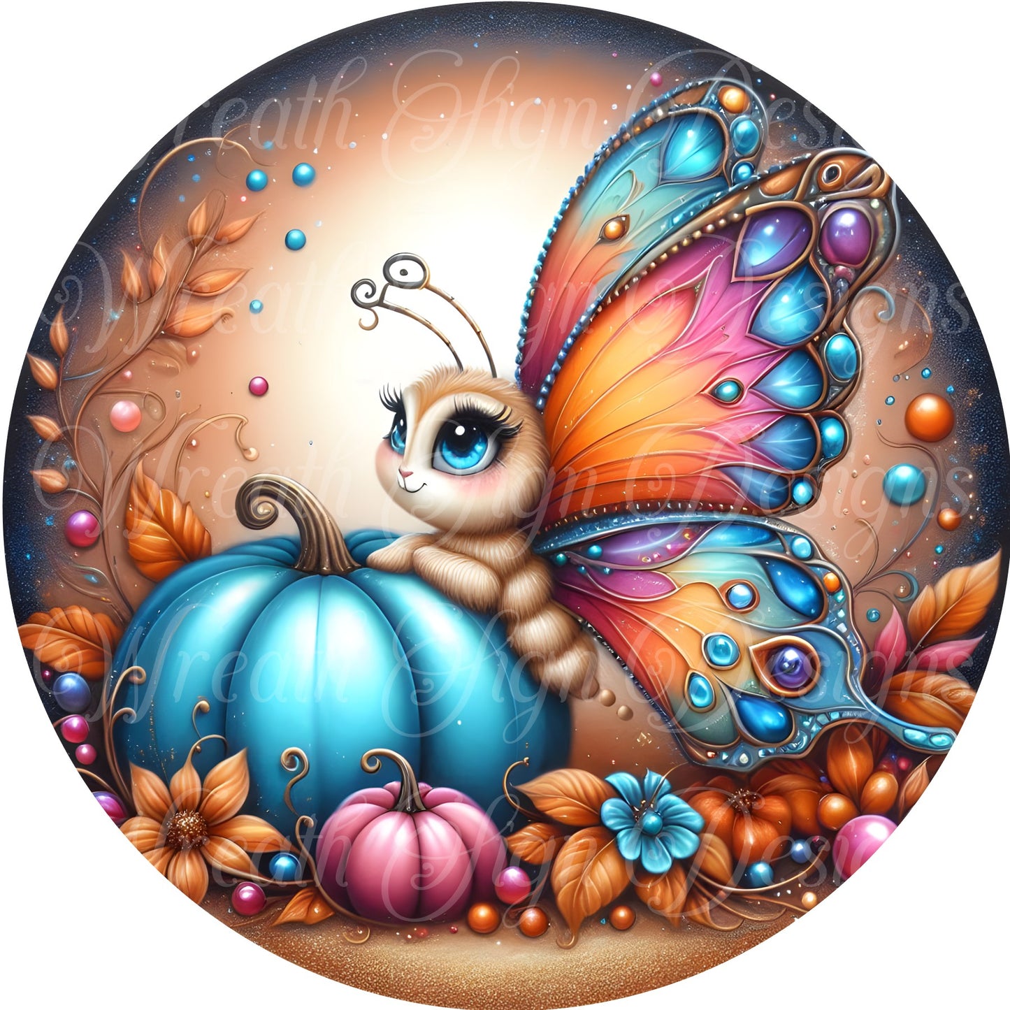 Jewel Tone fall butterfly and pumpkins metal wreath sign, Round autumn butterfly sign, blue and pink pumpkins wreath center, attachment