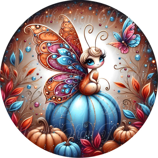 Jewel Tone fall butterfly and pumpkins metal wreath sign, Round autumn butterfly sign, blue and pink pumpkins wreath center, attachment