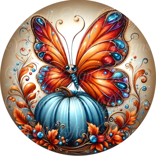 Jewel Tone fall butterfly and pumpkins metal wreath sign, Round autumn butterfly sign, blue and pink pumpkins wreath center, attachment