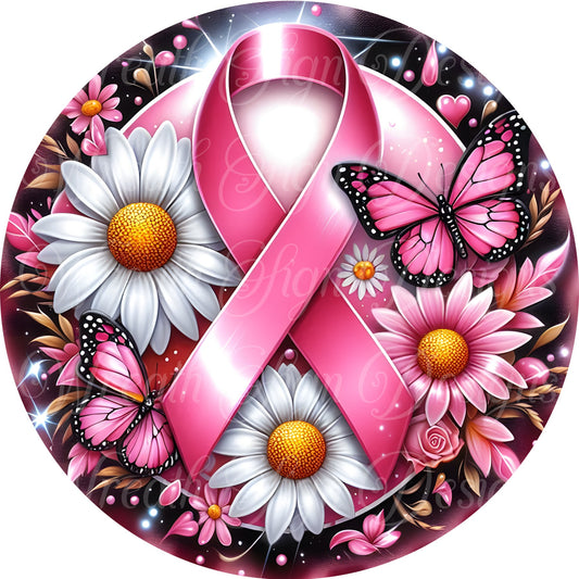 metal butterfly cancer survivor wreath sign, breast cancer awareness ribbon, pink awareness ribbon