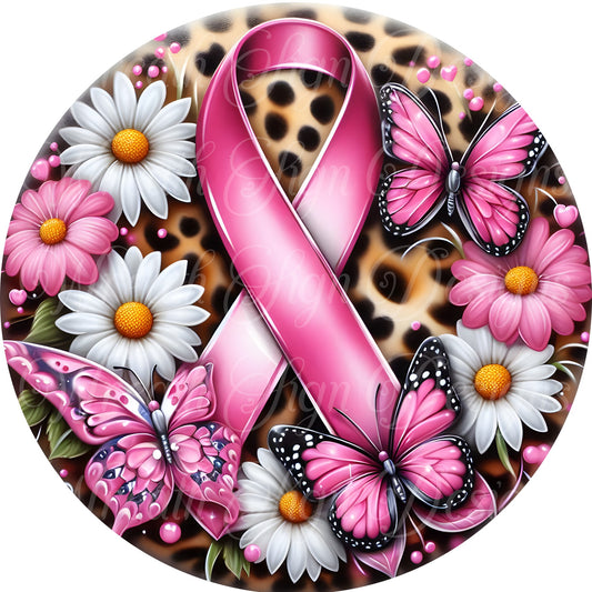 sublimated metal butterfly cancer survivor wreath sign, breast cancer awareness ribbon, pink awareness ribbon