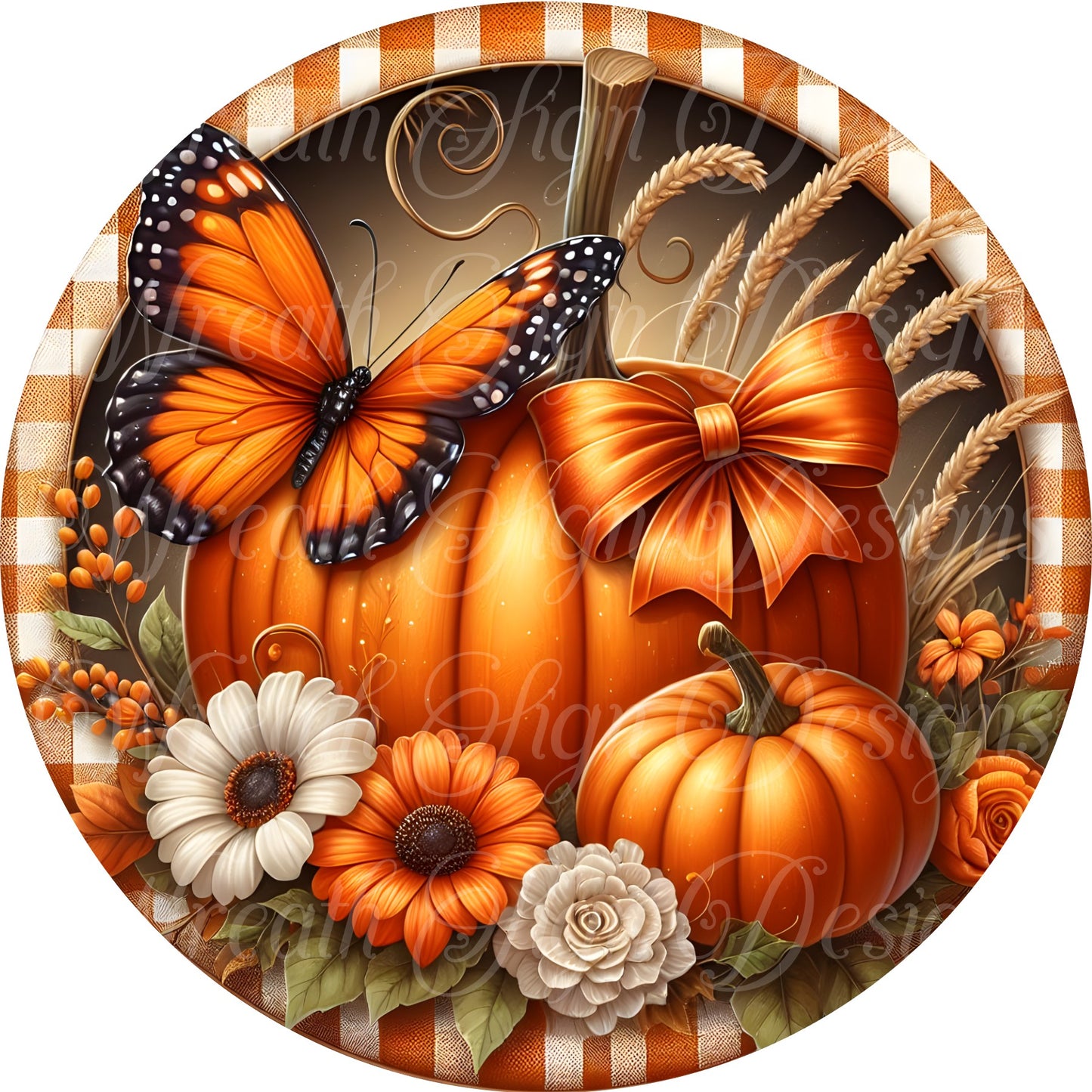 Fall Butterfly round metal wreath sign, Autumn pumkin with monarch butterfly wreath center, Wreath attachment