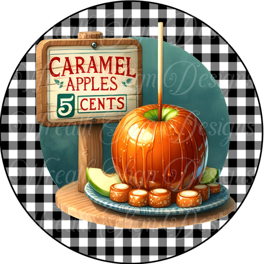 caramel Apples 5 cents sign,  Apples Autumn harvest metal sign, round wreath center, wreath attachment