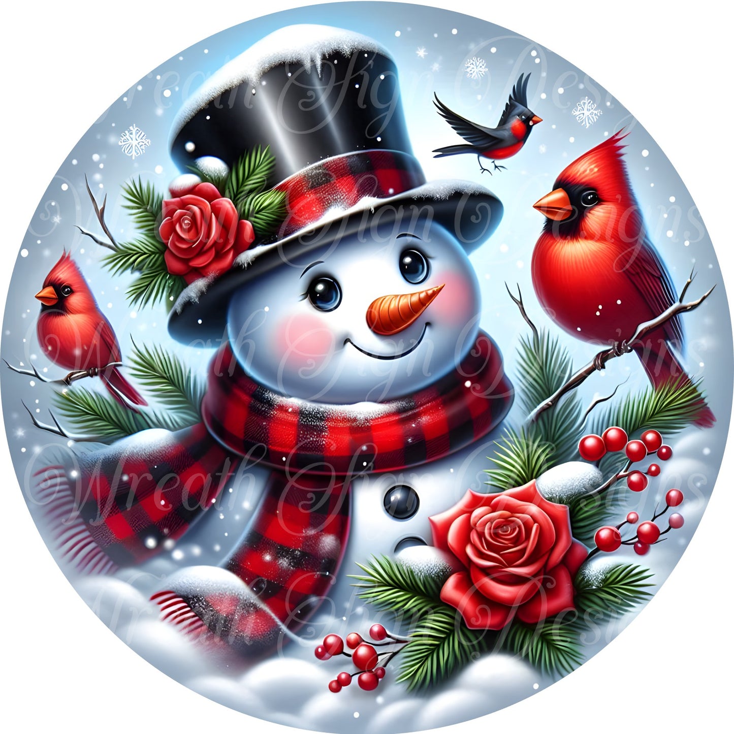 Romantic Christmas roses and Cardinals Snowman wreath sign,  Christmas, Wreath Sign, Wreath Center, Wreath Attachment,  round metal sign