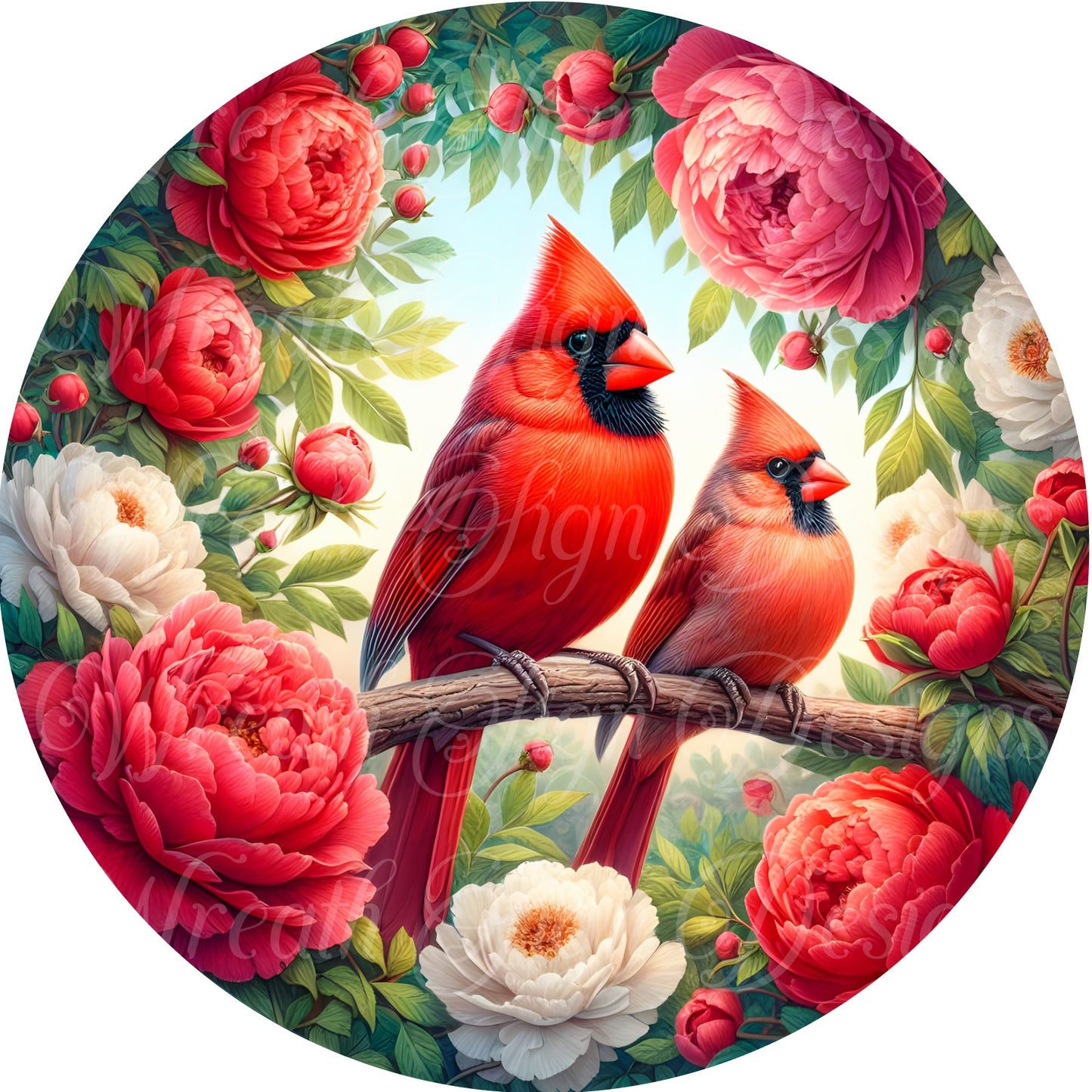 summer time cardinal wreath sign, round metal sign, peonies, roses, wreath center, wreath attachment, plaque