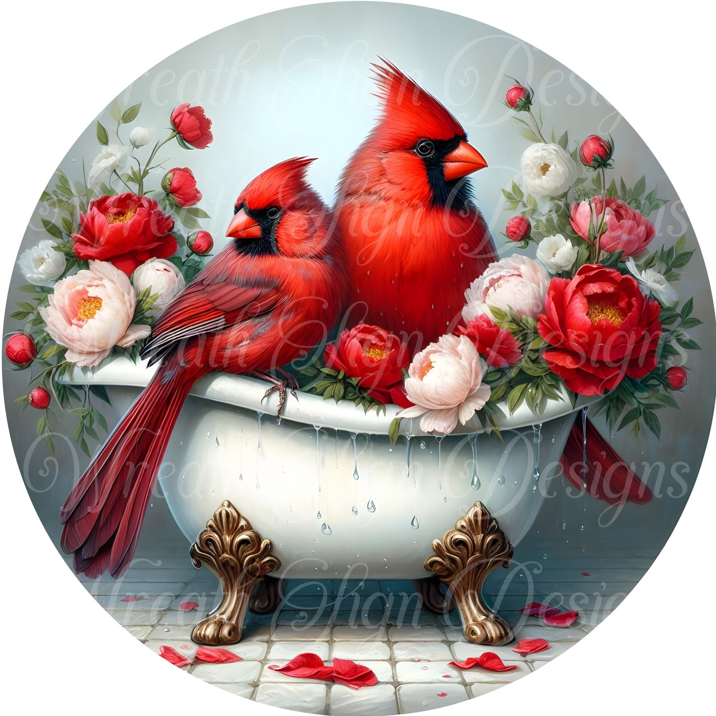 summer time cardinal wreath sign, round metal sign, peonies, roses, wreath center, wreath attachment, plaque