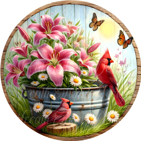 summer time cardinal wreath sign, round metal sign, lillies and daisies, butterfly, wreath center, wreath attachment, plaque