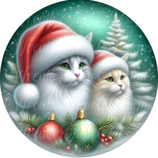 Christmas Cat round metal wreath sign, Santa paws,  Winter sign, wreath center, wreath attachment